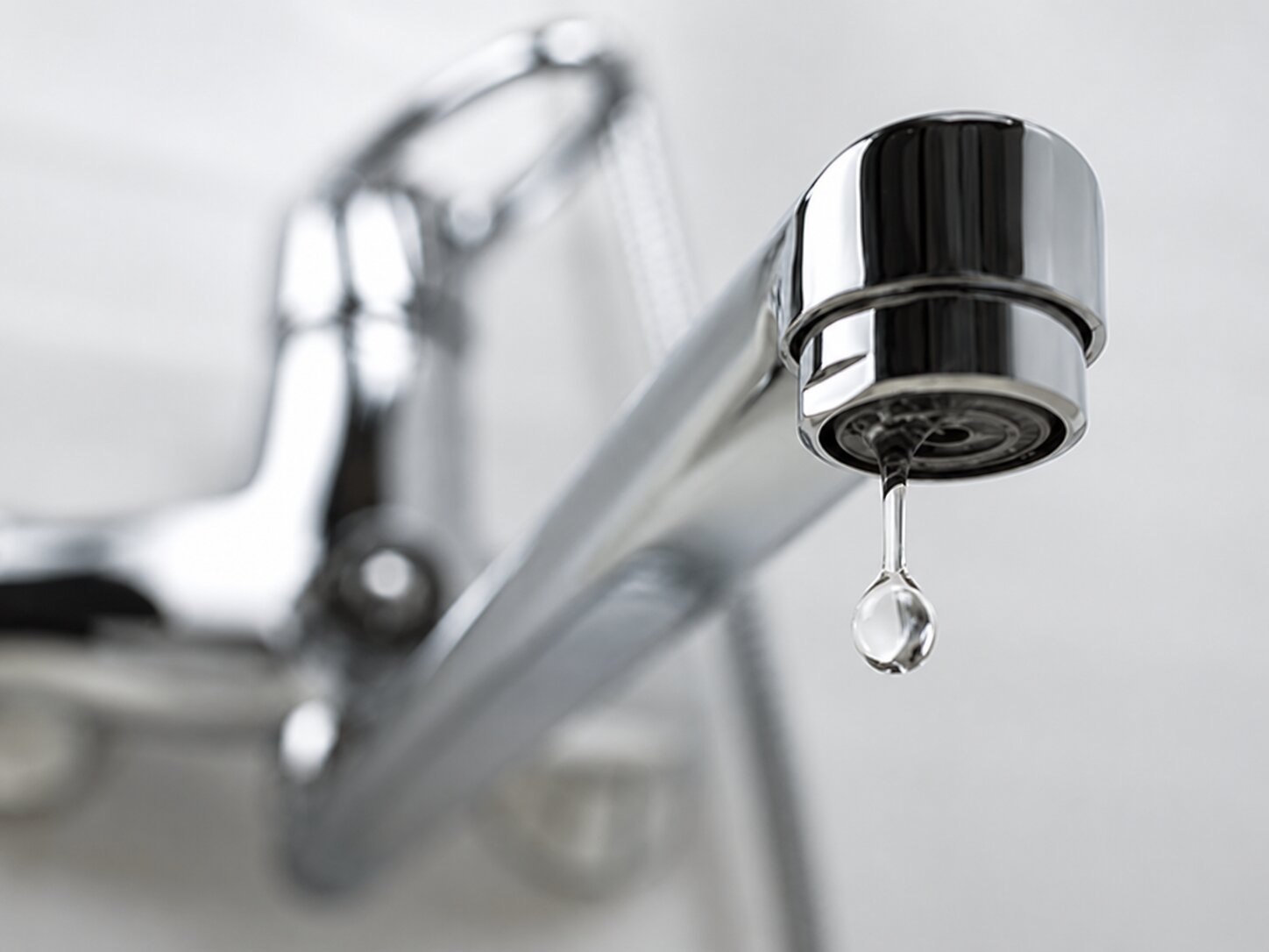 A close-up shot of a modern chrome kitchen faucet, with a single water droplet falling from the end of the spout.